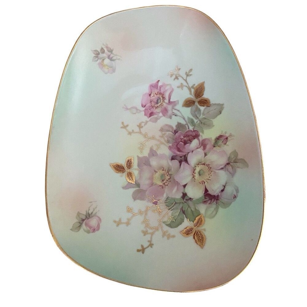 VTG Bavaria Schumann Arzberg Germany Trinket Plate Wild Rose Blush/Gold Trim